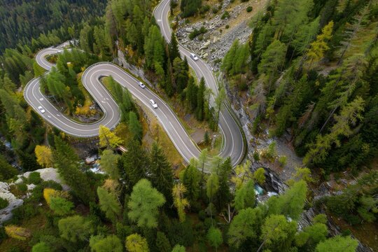 Aerial view of a curved road in the Carpathian Mountains, near of the Petrosani city - Romania.. Beautiful simple AI generated image in 4K, unique.