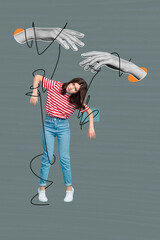 Composite trend artwork photo collage of gray color backdrop hand puppeteer appear hold rope young...