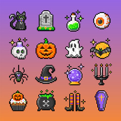 Pixel art set of Halloween objects isolated on background. Pumpkin, skull, black cat, magic potion, eyeball, spider, ghost, bat and other. Vector illustration in 16-bit old style.