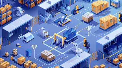 Fototapeta premium Futuristic Smart Warehouse Isometric Illustration with IoT Monitoring System for Robotic Assistants Efficiency