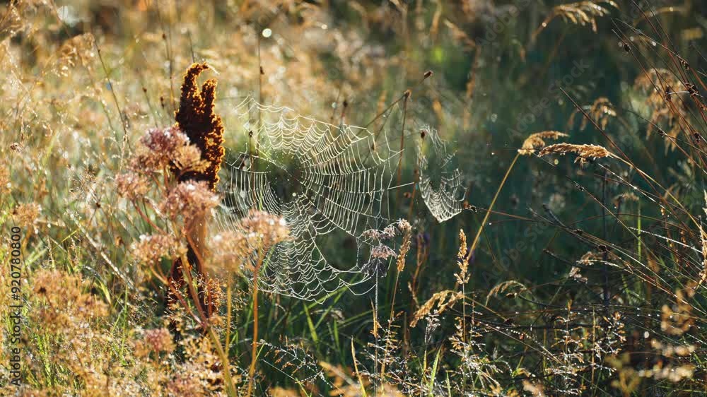 Poster a delicate spiderweb beaded with drops of the morning dew stretched between the stems of the withere