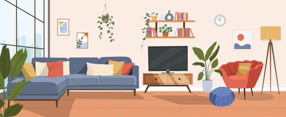 Living room interior. Vector flat  cartoon illustration