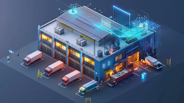 Futuristic Smart Warehouse with IoT-Enabled Safety Protocols and Real-Time Incident Alerts in Isometric View