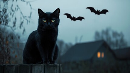 Obraz premium Black cat with glowing eyes sitting on a fence