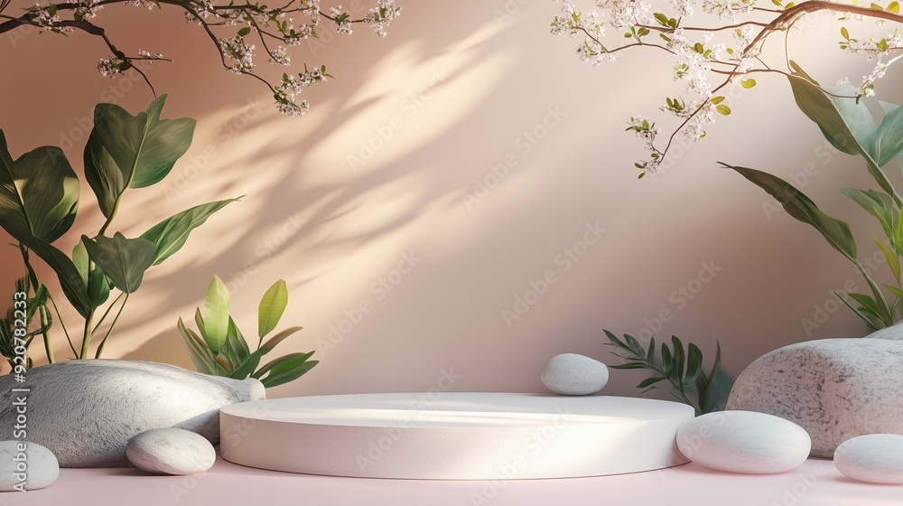Poster serene display area with natural elements and soft light in a tranquil setting