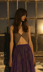 Fototapeta premium Elegant Woman in Purple Dress at Sunset by Reflective Windows