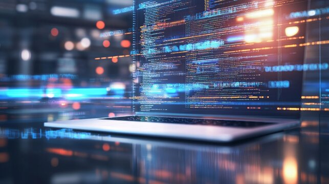 Laptop with coding flying around