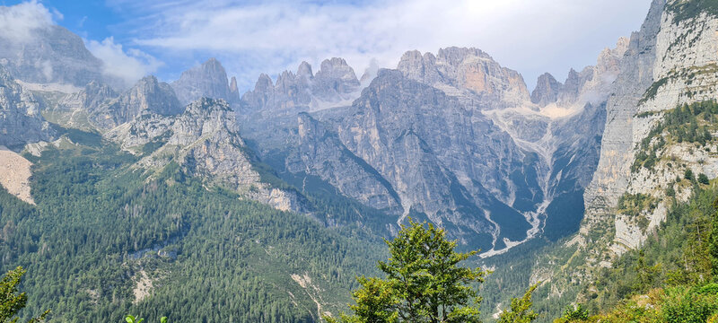 Beautiful day view to mountains in Parco Naturale Adamello Brenta, September 12, 2023.