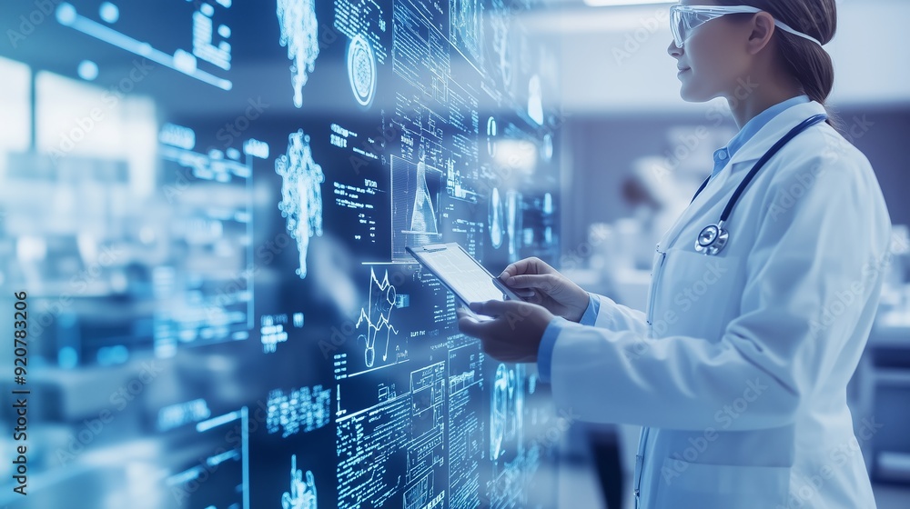 Poster medical professional analyzing data on a digital display in a modern laboratory during the day