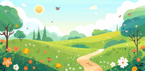 flat vector illustration of spring landscape with green hills, trees and flowers, butterfly on the road, simple flat design cartoon style