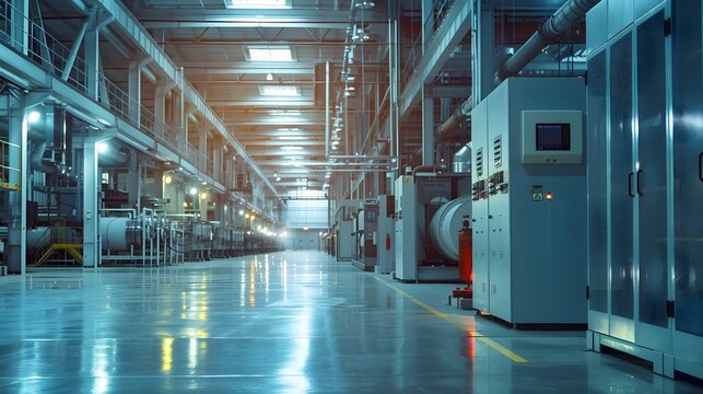 A large industrial facility with machines controlled by variable frequency drives, demonstrating precise energy management with dynamic visuals of power usage and efficiency