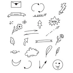 Hand drawn doodle elements cute and funny illustrations with hearts stars animals and symbols