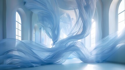 A serene, ethereal scene with flowing blue fabric against a backdrop of tall, arched windows, perfect for surreal, artistic, or dreamlike themes, and can be used in modern art, design projects