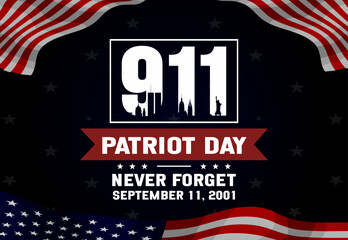 September 11th 911 Patriot Day memorial - American flag, Twin Towers, NYC skyline, We Will Never Forget, USA remembrance, tribute illustration for patriotism.