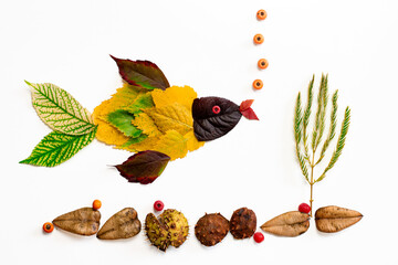 colorful autumnal leaves, creative ideas for children, composition, isolated creative fish swimming