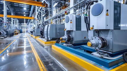 A large industrial facility with machines controlled by variable frequency drives, demonstrating precise energy management with dynamic visuals of power usage and efficiency