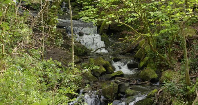 wide shot of water cascading over waterfalls at Lumsdale waterfalls, Matlock