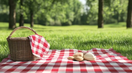 Picnic basket with red checkered duvet on the grass. Picnic gingham plaid