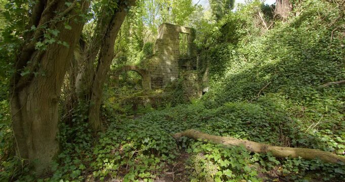 extra wide shot of the remains upper bleaching mill at Lumsdale waterfalls, Matlock