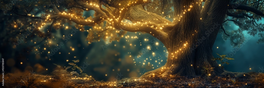 Aufkleber a beautiful forest scene featuring a large tree wrapped in countless twinkling lights, creating a ma