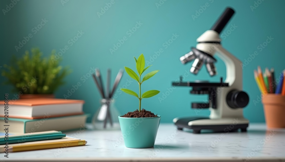 Poster exploring natures secrets with a microscope and a sprout