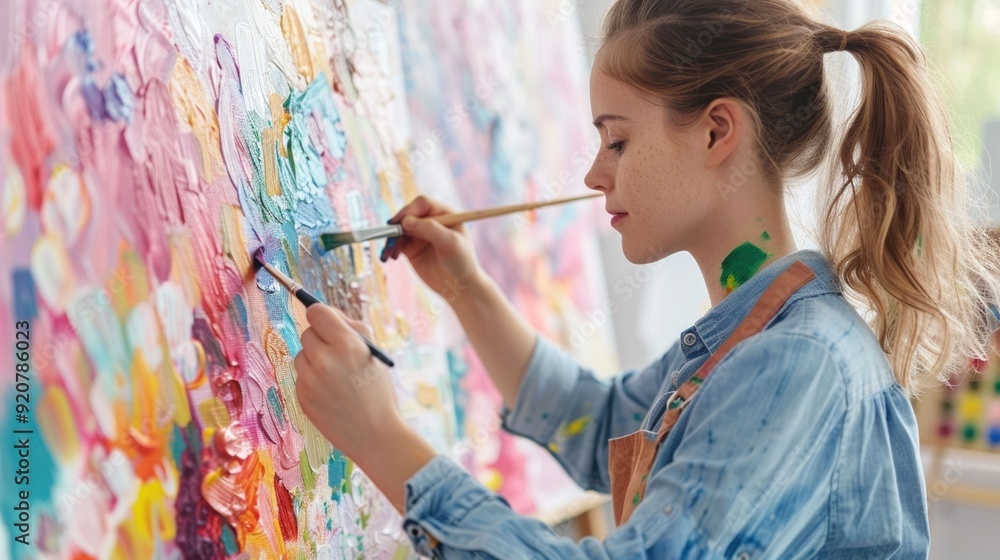 Poster vibrant expression a mother and daughter collaborating to create colorful abstract paintings on canv