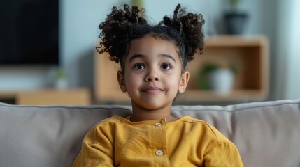 Cheerful Young Girl with Curly Afro Hairstyle Smiling Happily While Watching a Movie on a Comfortable Couch in the Living Room at Home