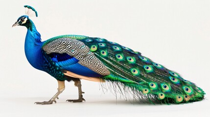 Obraz premium Peacock with Spread Tail Feathers on White Background
