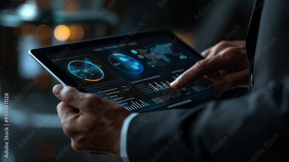 Aufkleber a man is holding a tablet with a screen displaying a map of the world