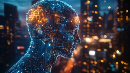 A striking image of a cyborg human, where digital circuitry is intricately woven into the skin, glowing with tech lines that trace the contours of the body. The half-machine figure showcases robotic