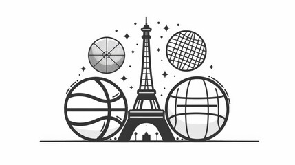 A graphical representation of the Eiffel Tower amidst a variety of sports elements, symbolizing Paris as a hub for major sporting events, blending culture and athleticism uniquely.