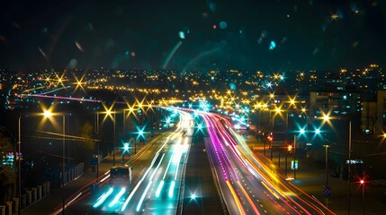 A cityscape at night illuminated by LED streetlights, with vibrant colors and patterns forming in the light beams, contrasting with the dark sky 