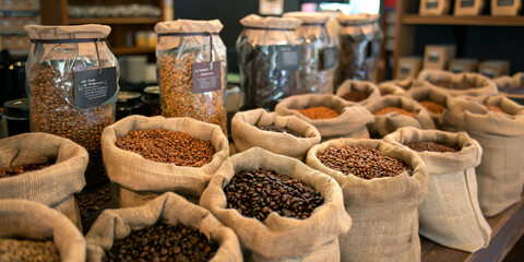 Fototapeta premium Selection of coffee beans in burlap sacks, with various roast levels and origins, displayed in a market setting.