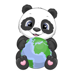 A cute cartoon panda holding a globe. Vector illustration of an animal on a white background.