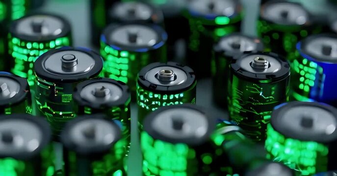 Green glowing battery cells stacked together energy storage for electric vehicle, modern tech for eco friendly transport, renewable energy solutions