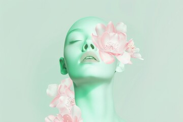 Blonde woman gazes at viewer with flower-adorned hair and floral motifs on skin, blending into riverside foliage. Beautiful simple AI generated image in 4K, unique.