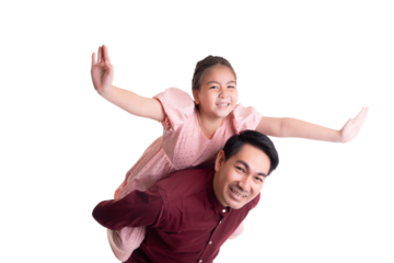 Playful moment between asian father and his adorable daughter as she rides on his back with outstretched arms, symbolizing fun, joy, and a strong father-daughter bond