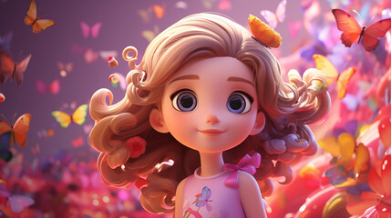 Fototapeta premium Cute Animated Girl With Curly Blonde Hair In A Butterfly Wonderland With Soft Pink And Purple Background