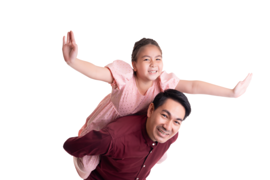 Playful moment between asian father and his adorable daughter as she rides on his back with outstretched arms, symbolizing fun, joy, and a strong father-daughter bond