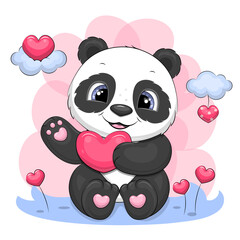 Obraz premium Cute cartoon panda with hearts. Vector illustration of an animal on a pink background.