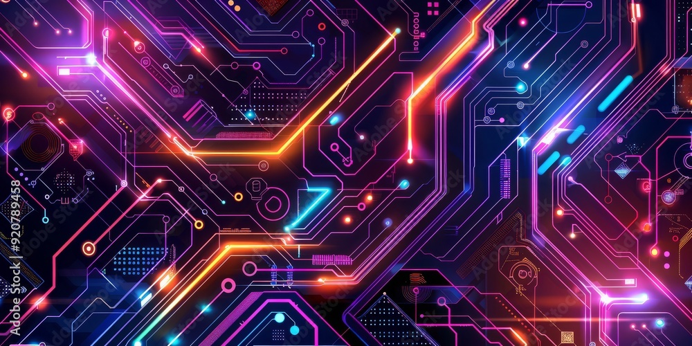 Aufkleber a vibrant and striking display of various neon colors vividly illuminating a complex digital circuit