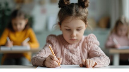 Young girl and her mother sitting at a wooden desk writing in their journals together in a warm cozy and inviting home setting  Capturing the bonding and learning experience between parent and child