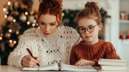 Mother and Daughter Sitting Together at a Cozy Desk Writing in Journals and Enjoying a Festive Warm and Bonding Moment at Home with Christmas Tree and Lights in the Background