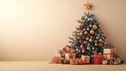Decorated Christmas tree with presents under it against a beige wall.