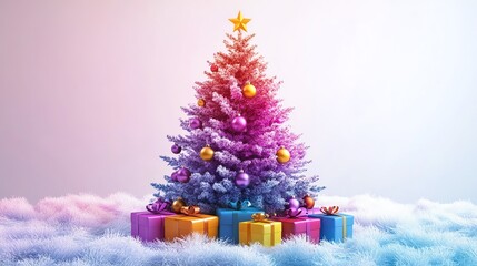 Colorful Christmas tree with presents on a fluffy white surface.