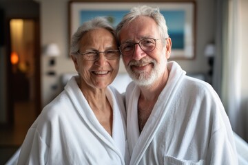 A delighted elderly couple in white bathrobes embraces and smiles warmly at the camera in a cozy room, showcasing love, affection, and happiness in their relationship.