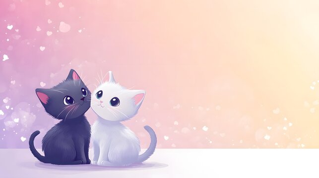 Cute black and white kittens sitting together on a pink and orange background with hearts. Template for quotes, and greetings cards.