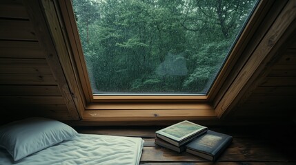 Cozy attic nook with books and rain falling outside during a quiet afternoon