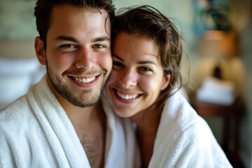 A couple dressed in white bathrobes smiles warmly while enjoying an intimate and affectionate moment indoors. Captured beautifully, this photo exudes love and joy, perfect for stock use.