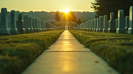 Obraz premium Pathway to the Sunset in a Cemetery